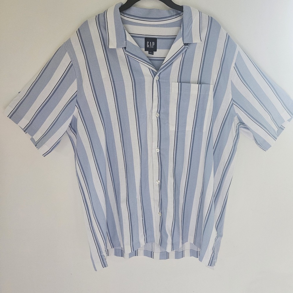 NWT GAP Linen Blend Button Up Shirt Men L Blue White Striped Casual Coastal Prep